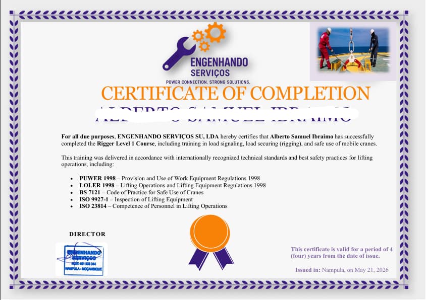 Certificado emitido pela Engenhando Serviços