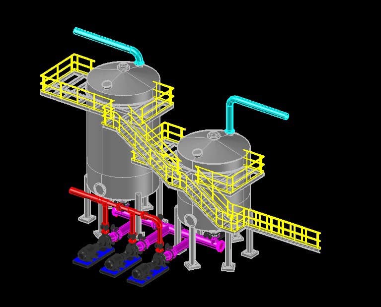 Projecto  desenvolvido em Plant 3D, contemplando a modelação 3D de tanques, tubulações, bombas, plataformas, escadas e estruturas de acesso. O modelo proporciona maior precisão no projecto , reduz interferências e facilita a fabricação, montagem e manutenção.